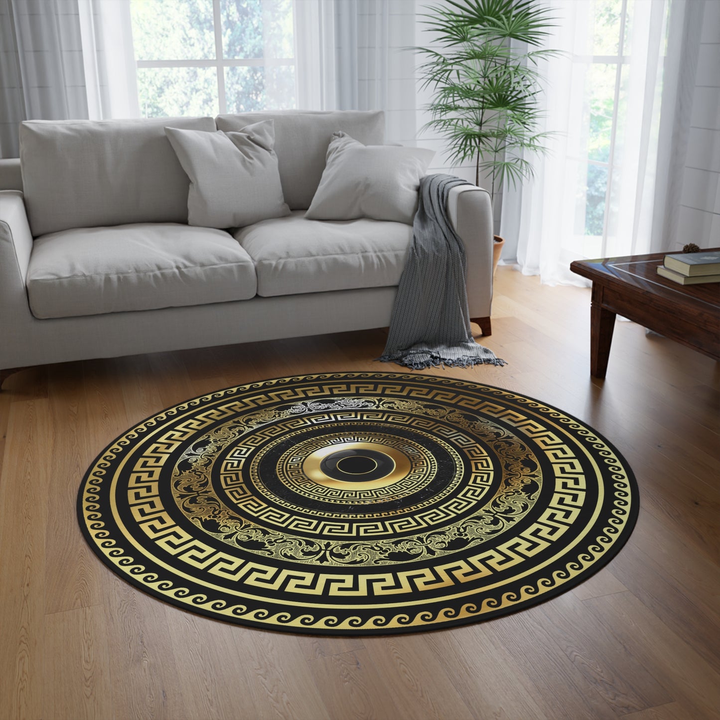 Mati Evil Eye Greek Key Black Gold Round Rug