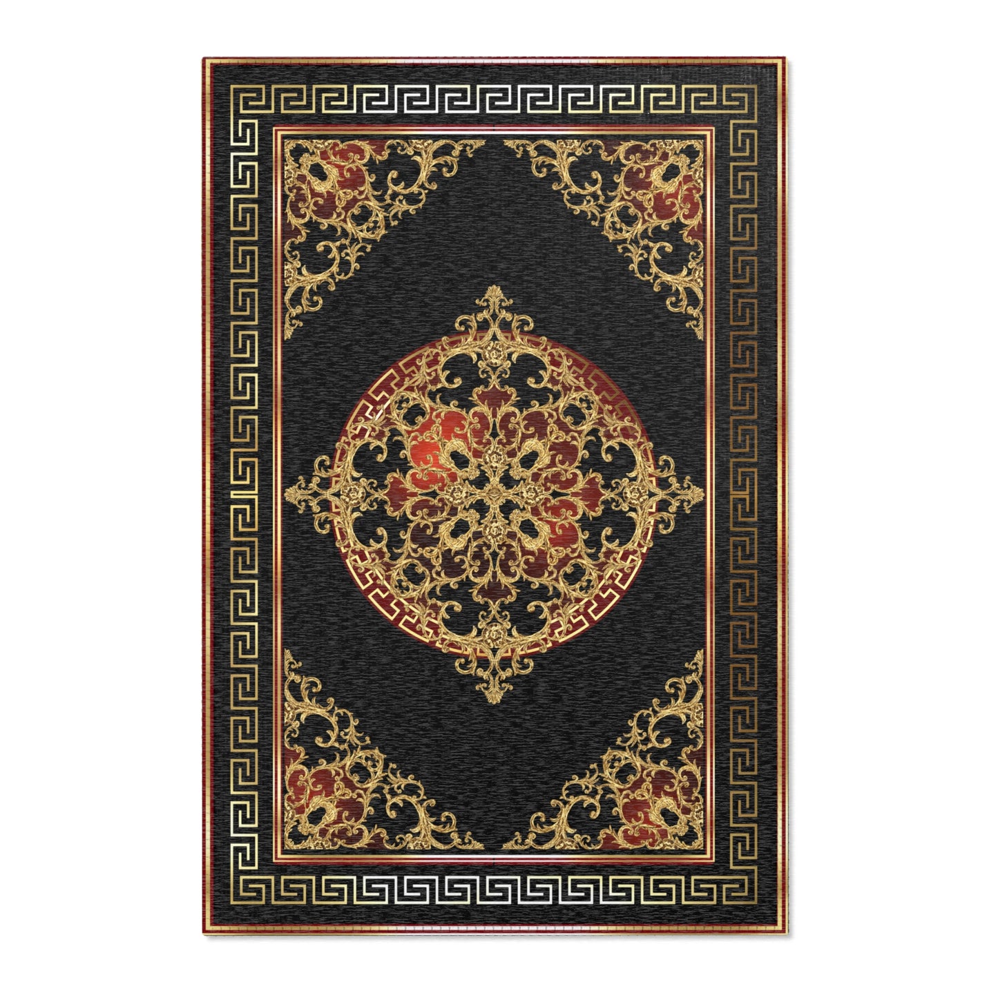 Baroque Gold Black Red Greek Key Ornate Area Rugs