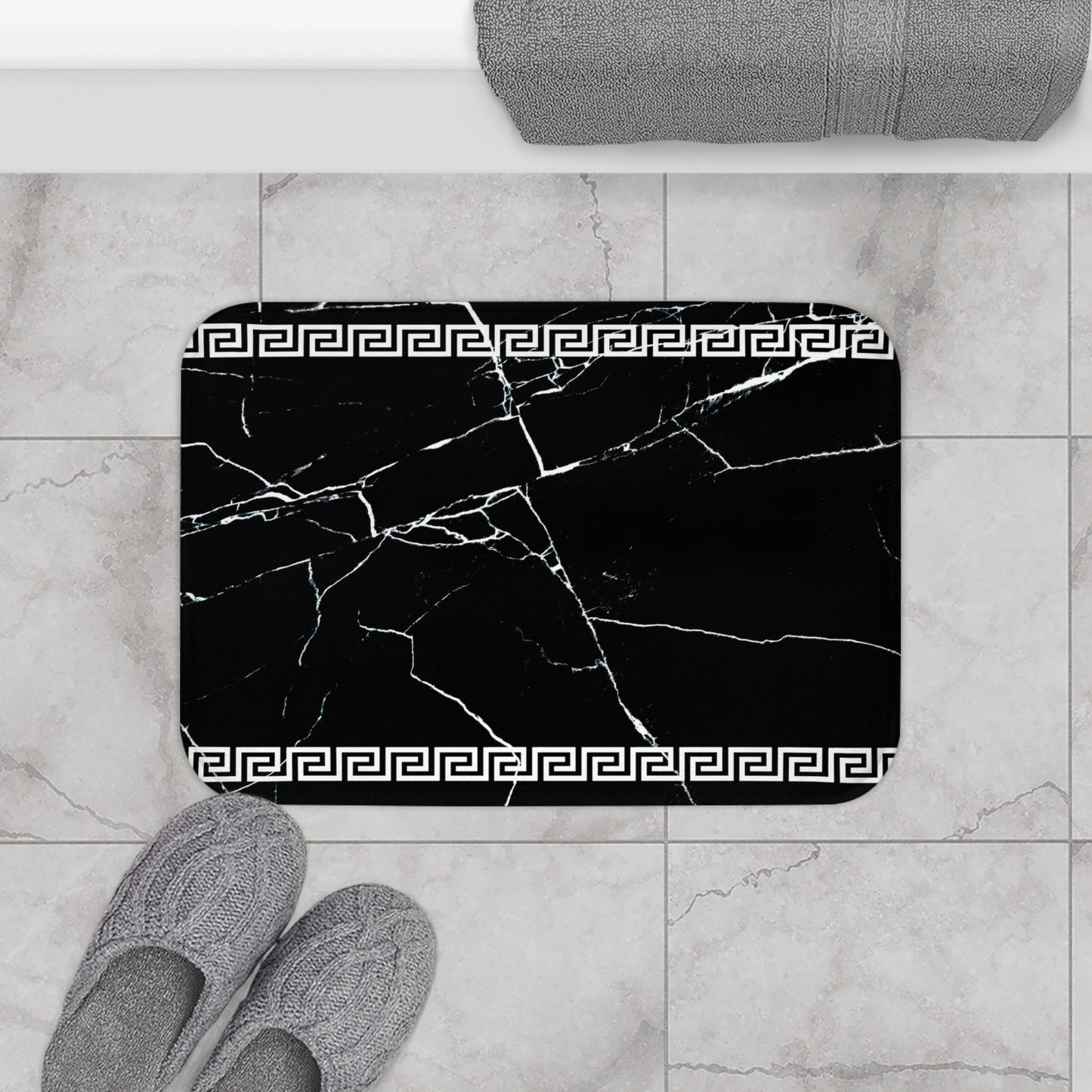 Black White Greek Key Marble Bath Mat