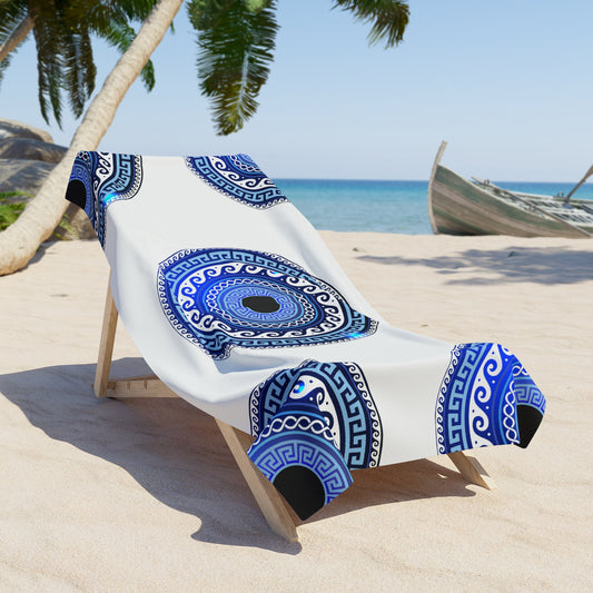 Mati Evil Eye White Blue Beach Towel