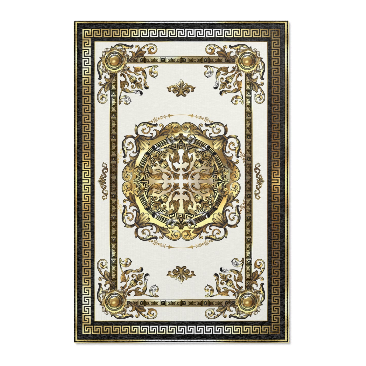 Greek Key Cream Black Gold Ornate Baroque Area Rugs