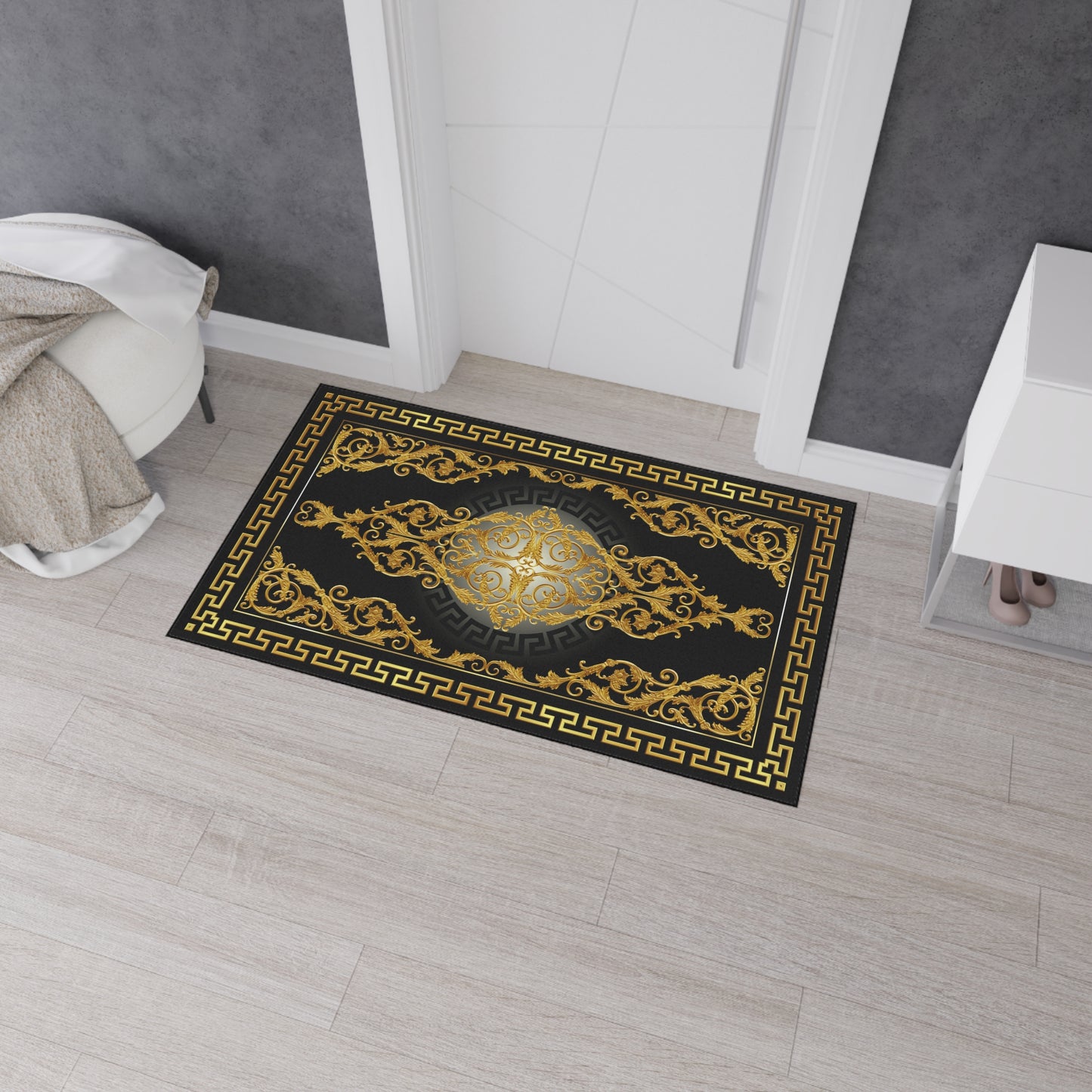 Greek Key Black Gold Baroque Heavy Duty Floor Mat