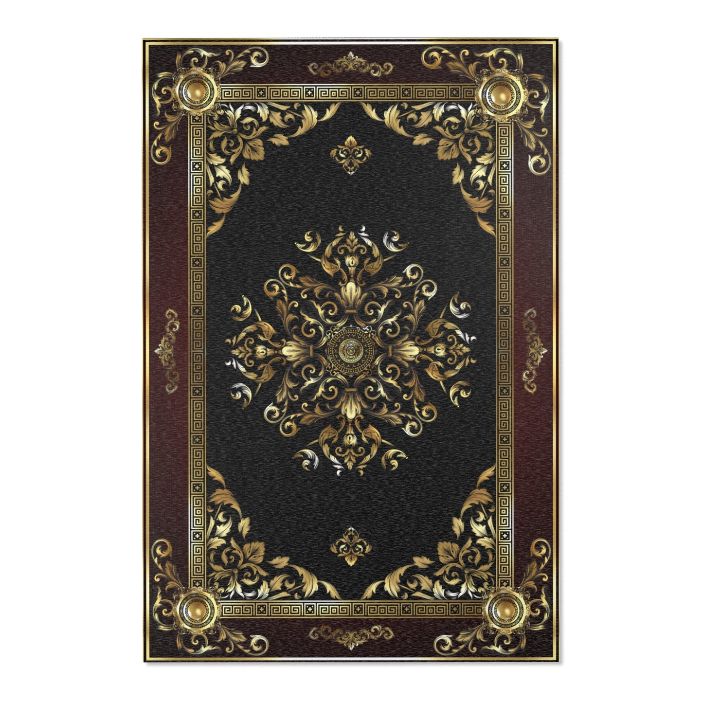 Ornate Gold Baroque Greek Key Black Maroon Area Rug