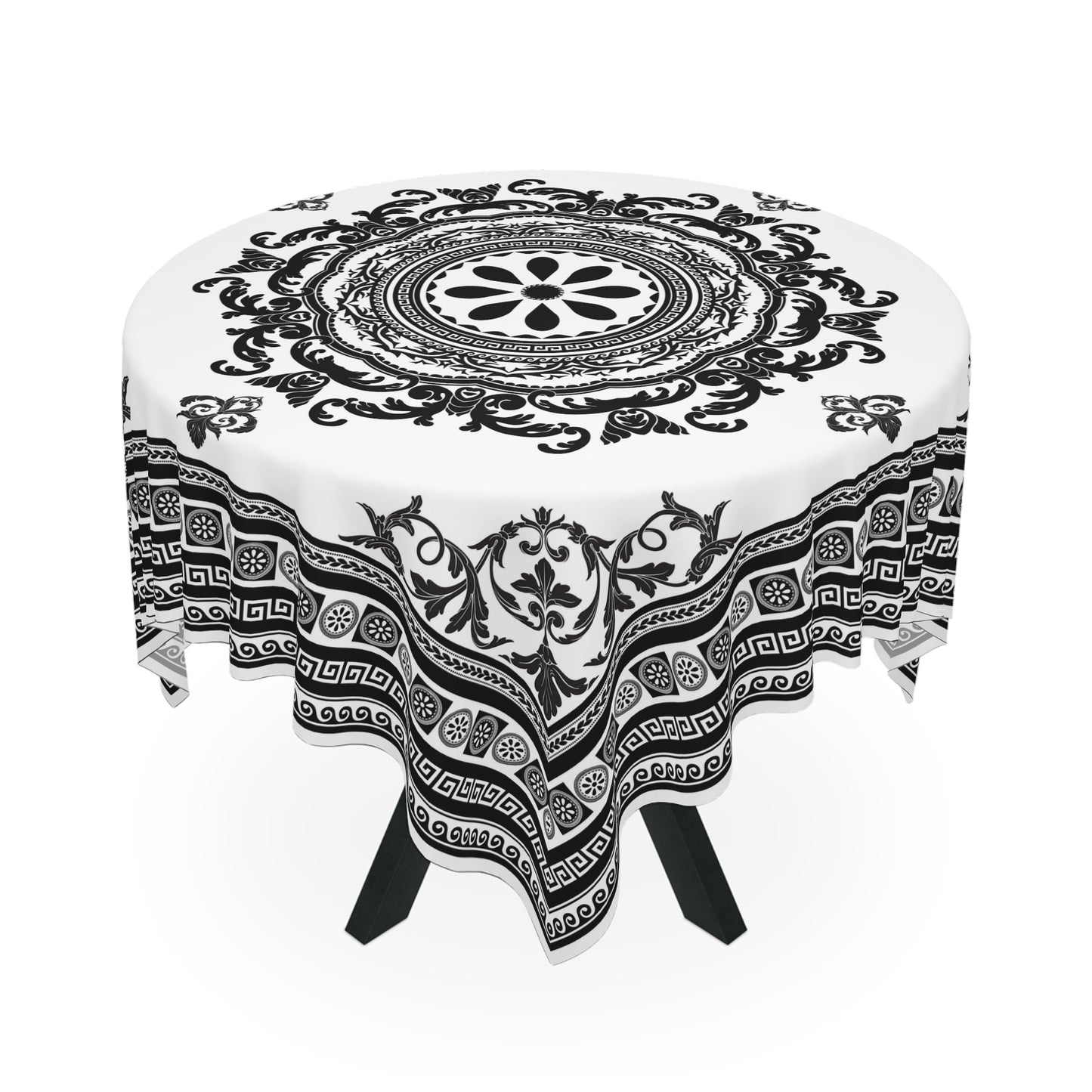 White Black Floral Greek Key Tablecloth