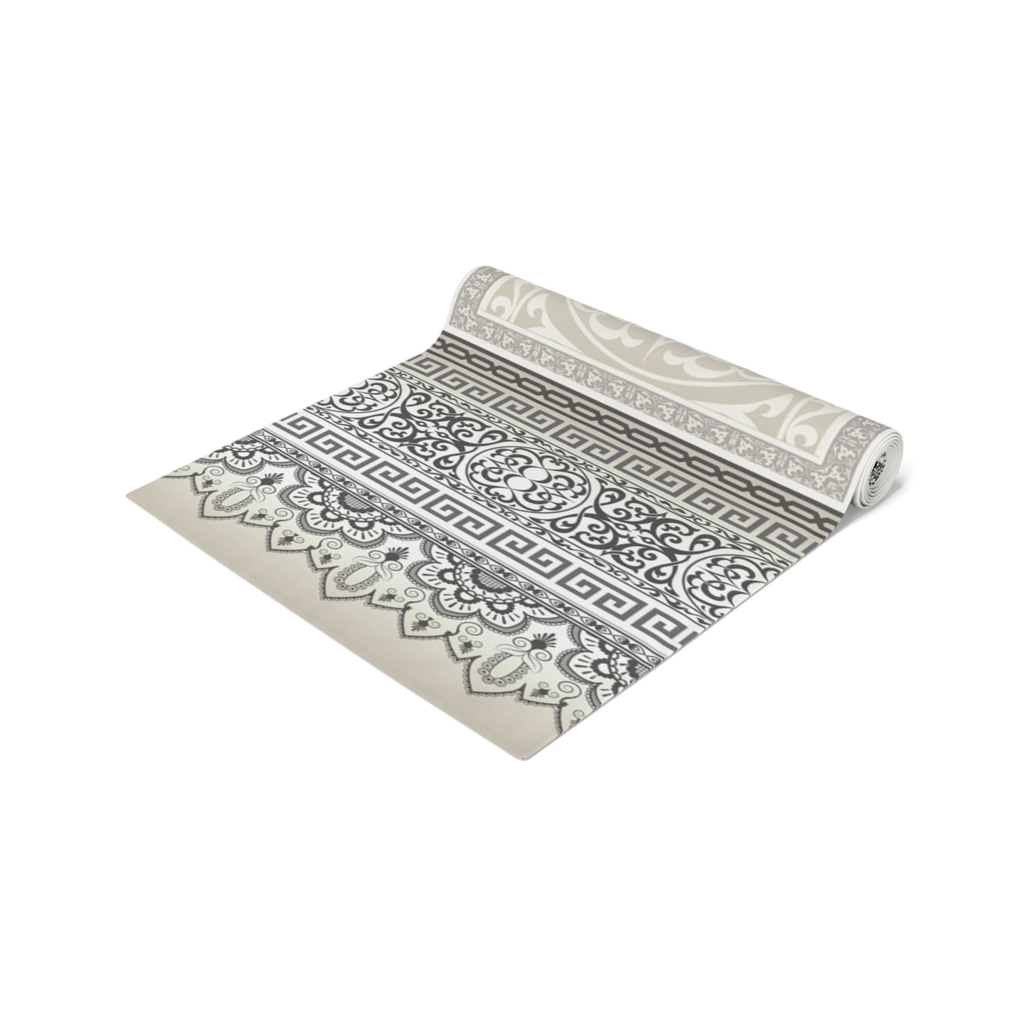 Greek Key Cream Ornate Baroque Black Gray Table Runner (Cotton, Poly)