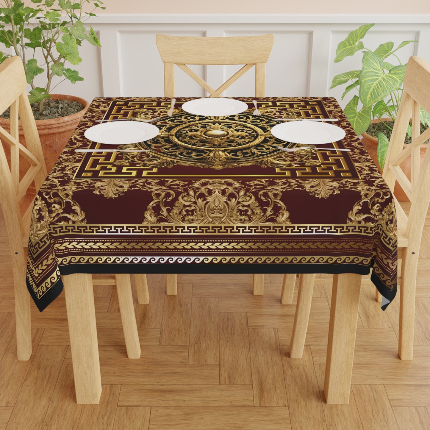 Gold Maroon Greek Key Ornate Baroque Tablecloth