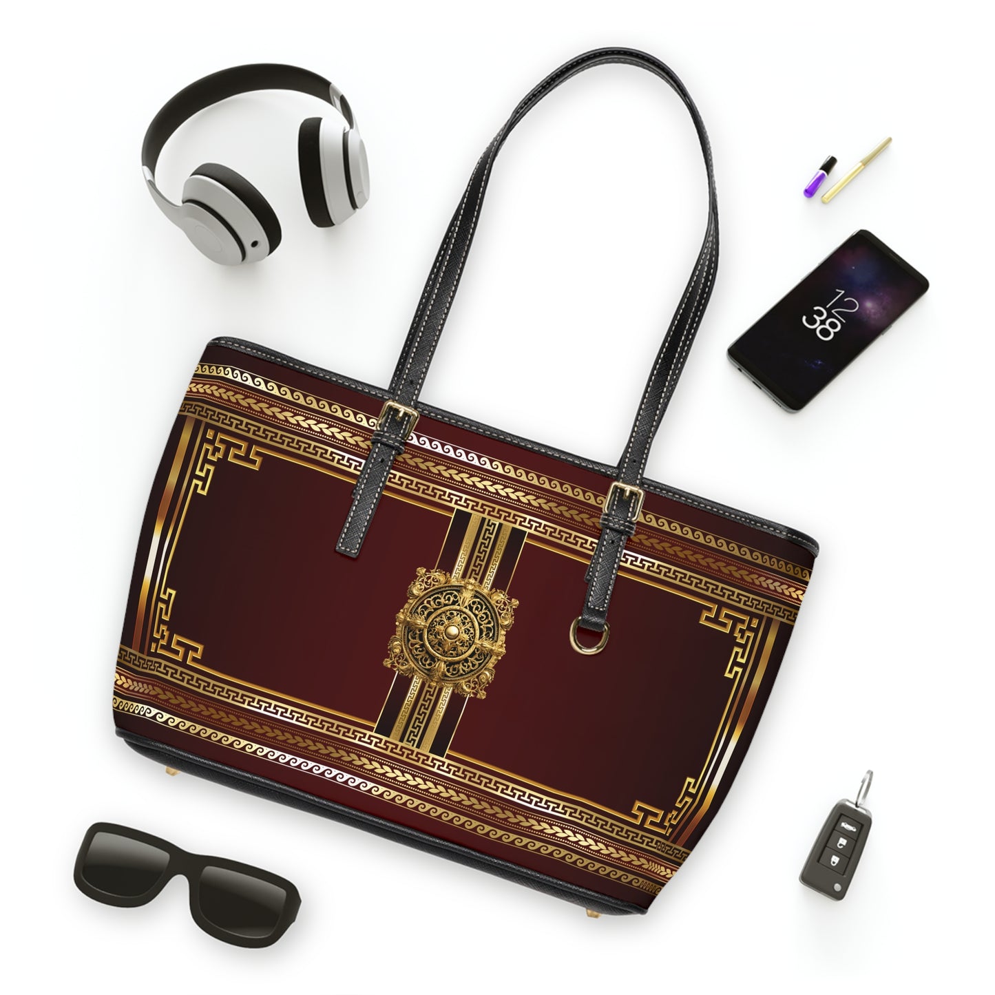 Greek Key Gold Maroon PU Leather Shoulder Bag