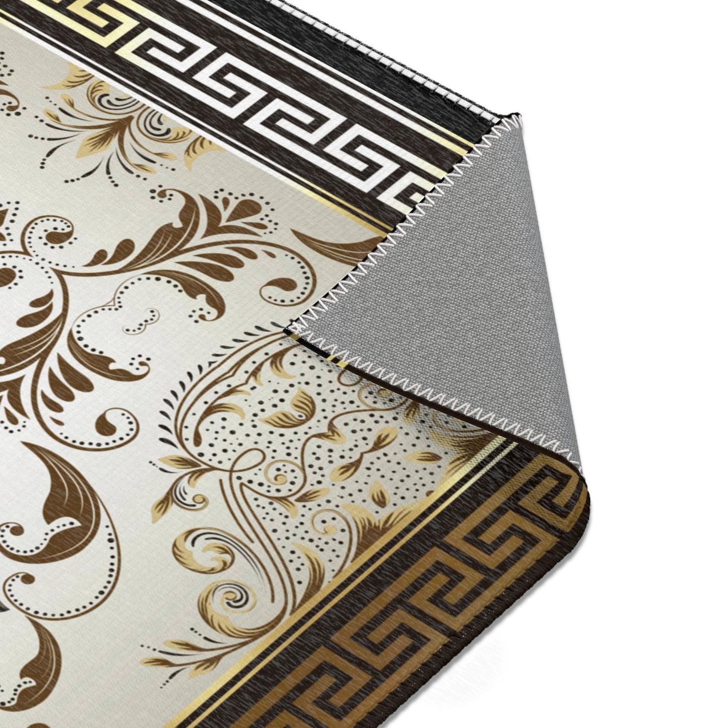 Ornate Floral Gold Tan Black Greek Key Area Rugs