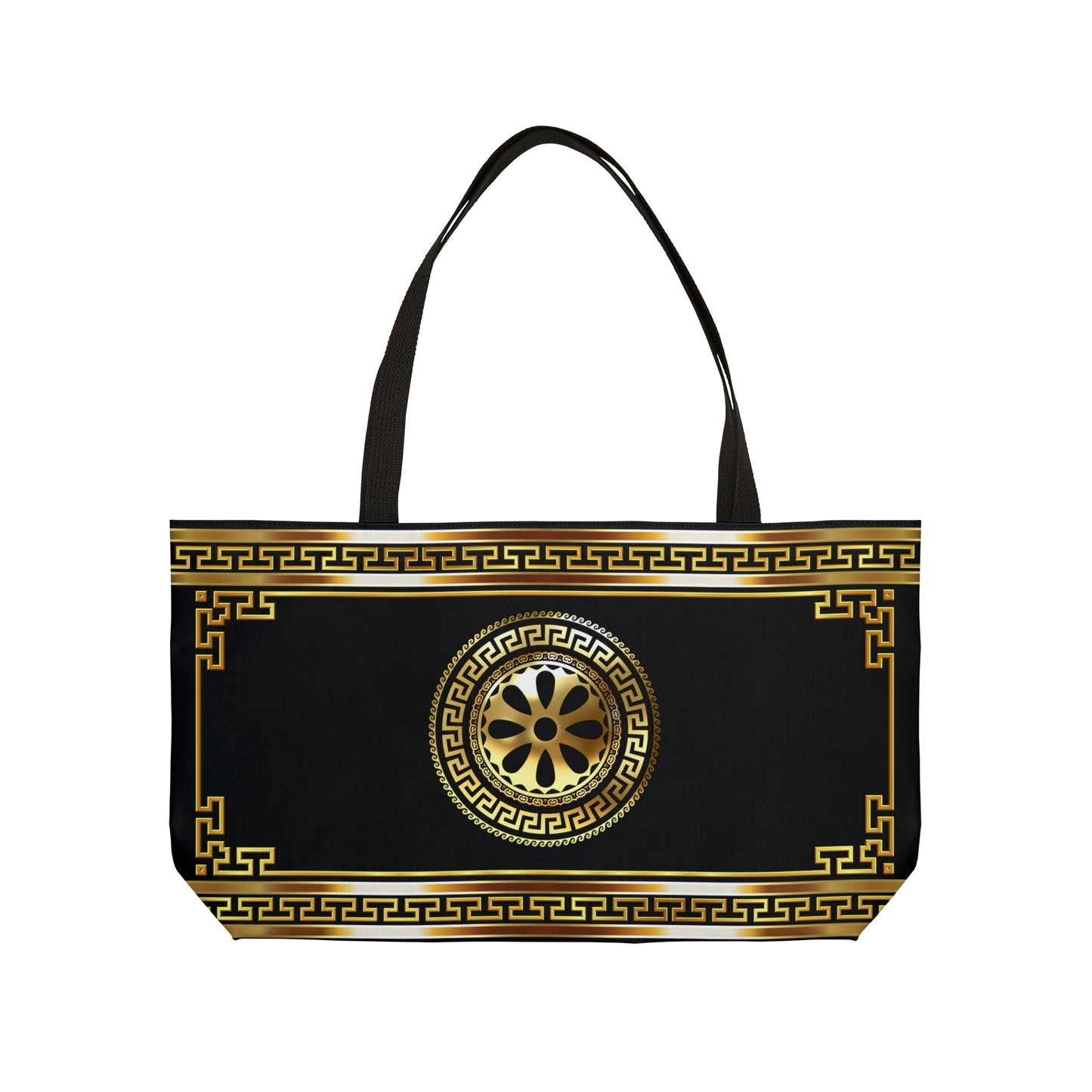 Greek Key Gold Black Flower Weekender Tote Bag