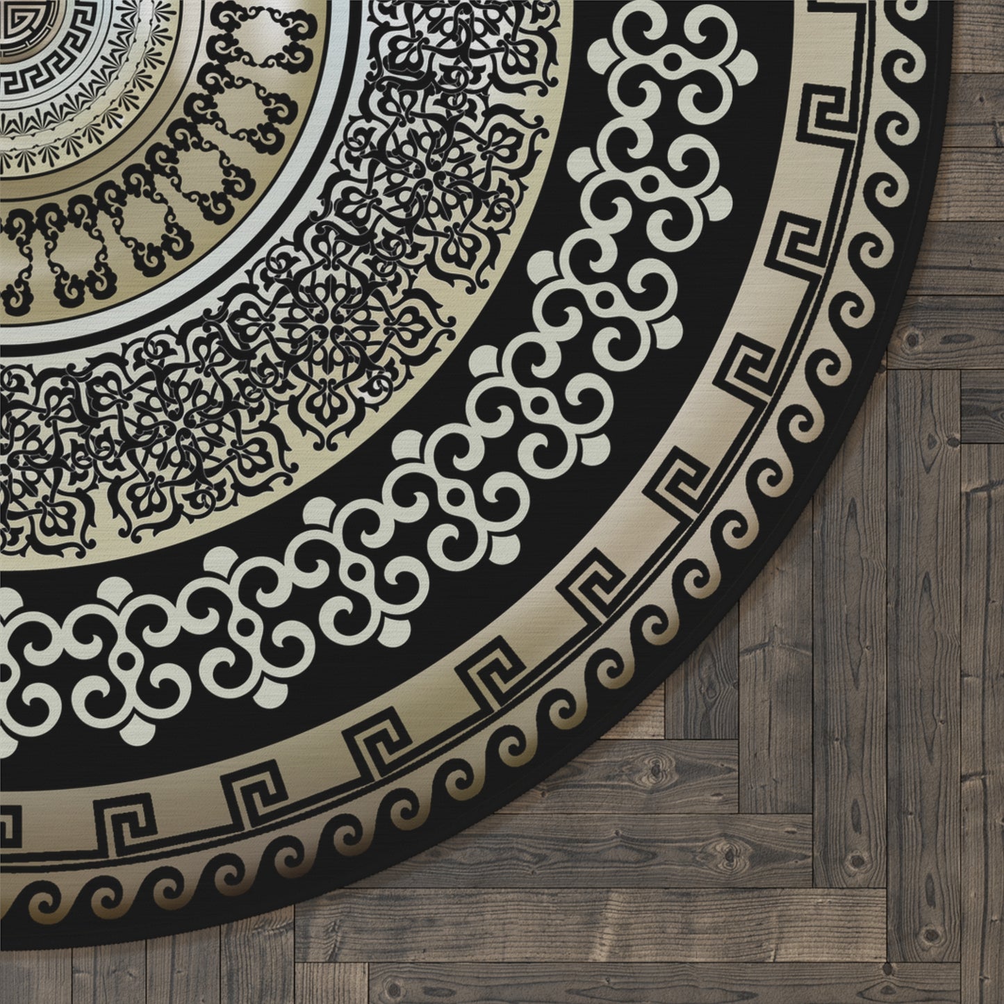 Greek Key Black Beige Ornate Baroque Round Rug