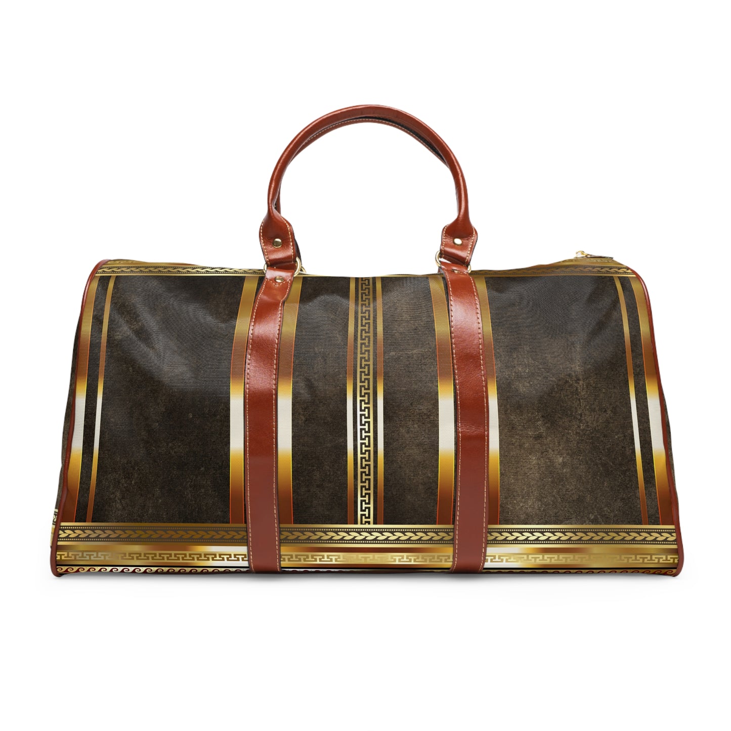 Brown Gold Greek Key Waterproof Travel Bag