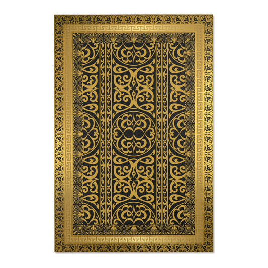 Ornate Golden Greek Key Gold &  Black Trim Area Rugs