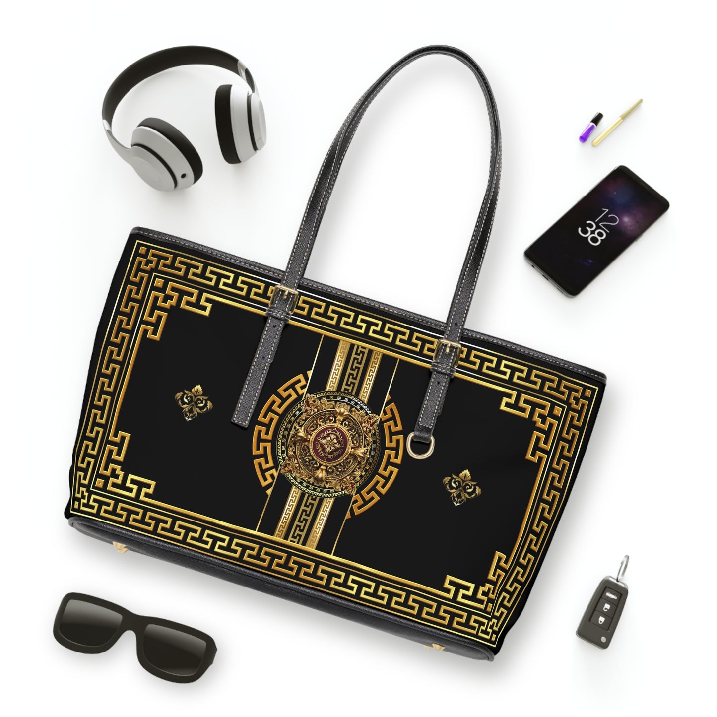 Greek Key Gold Black Medallion PU Leather Shoulder Bag