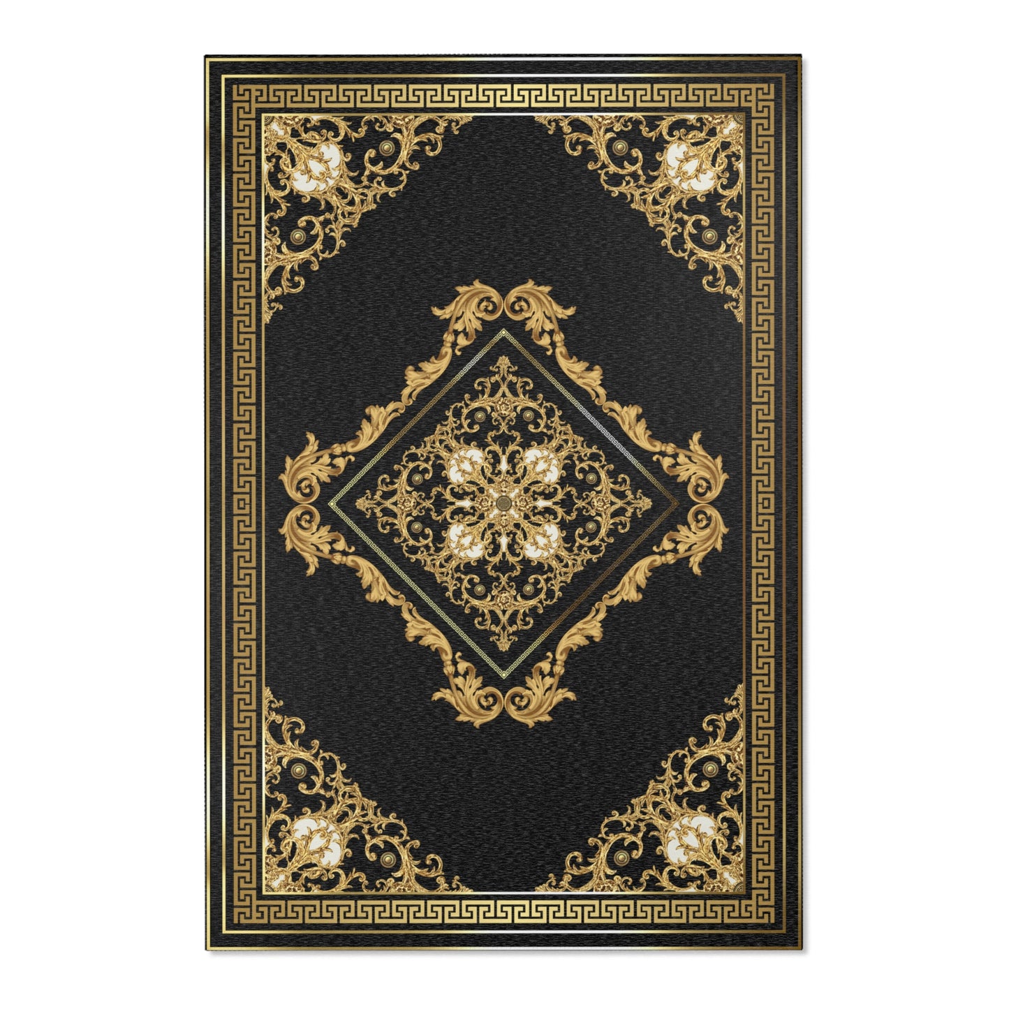 Ornate Baroque Black Gold Greek Key Gold Trim Area Rugs