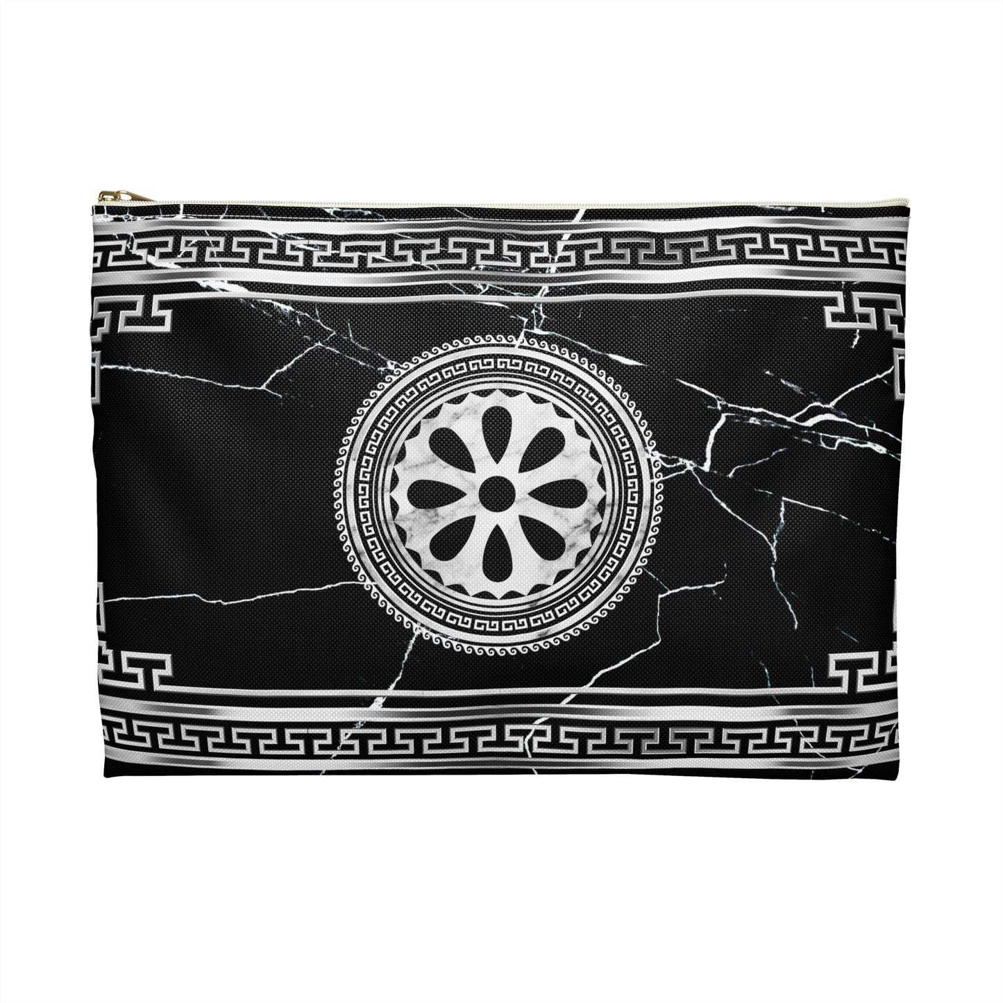 Greek Key Silver Black Marbleized Accessory Pouch