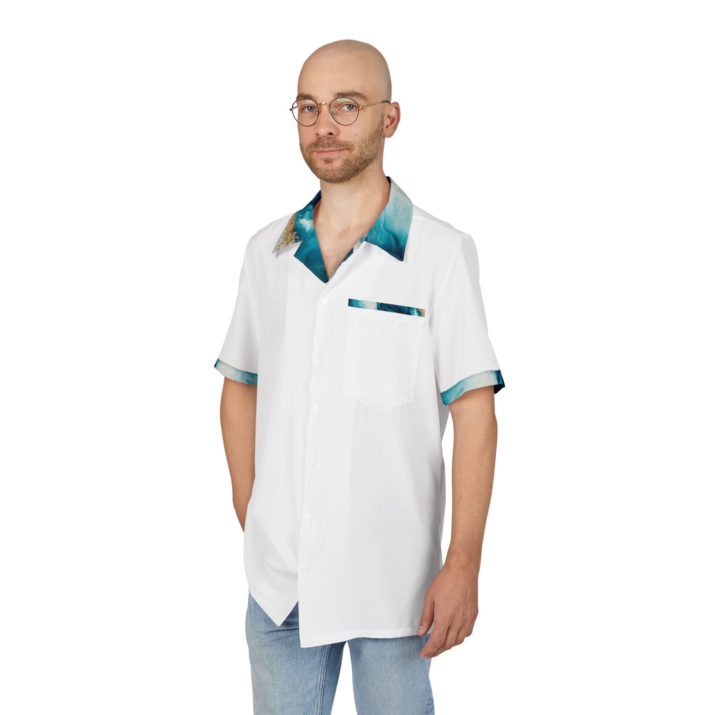 White Aqua Gold Hawaiian Button-Down Shirt