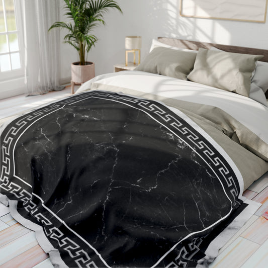 Greek Key Gray Black White Marbleized Arctic Fleece Blanket