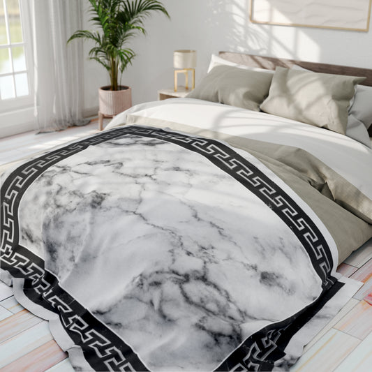 Greek Key White Black Marbleized Arctic Fleece Blanket