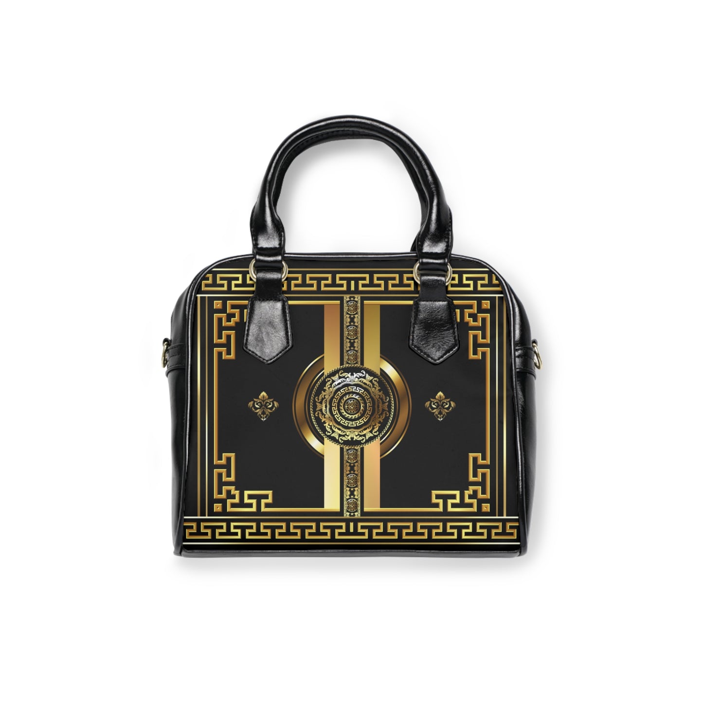 Greek Keys Gold Black Shoulder Handbag