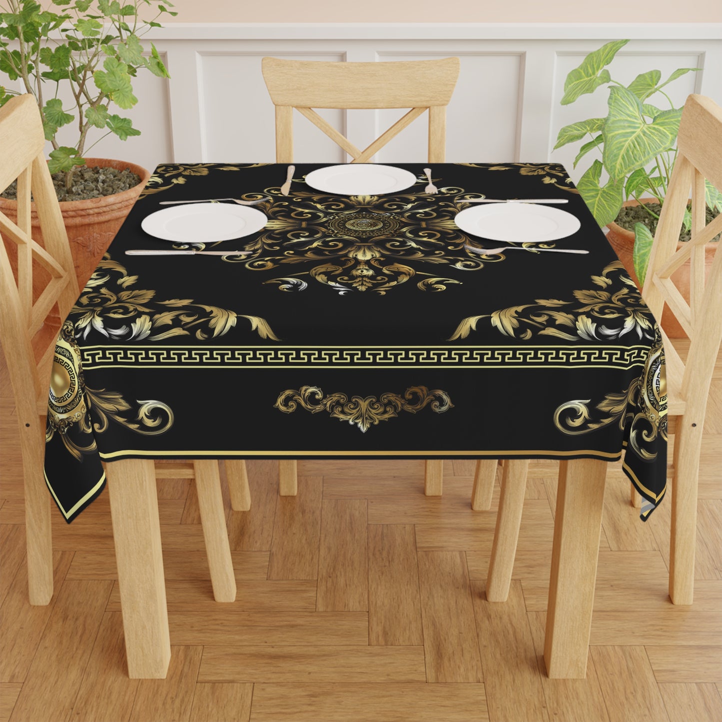 Ornate Baroque Black Gold Greek Key Tablecloth