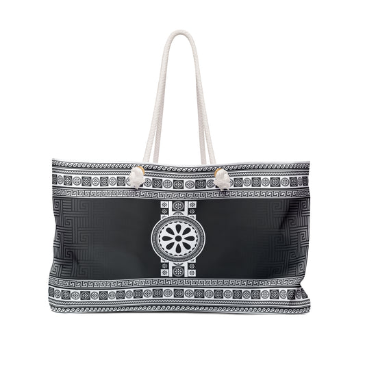 Greek Key Black and White Flower Weekender Bag