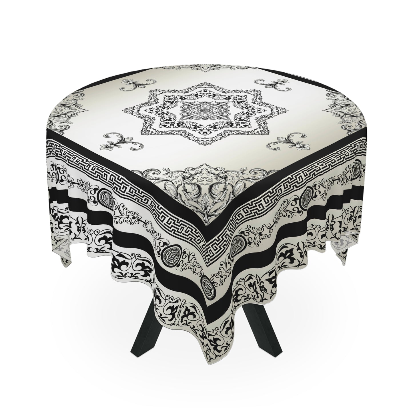 Black Cream Greek Key Ornate Baroque Tablecloth