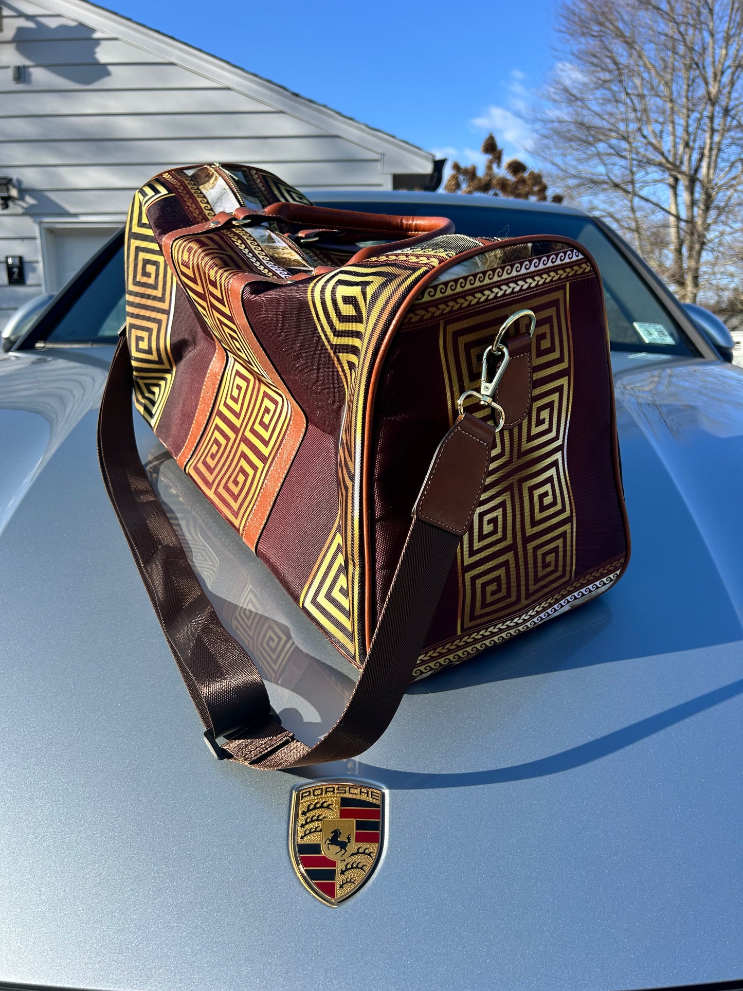 Maroon Gold Black Large Greek Key Waterproof Travel Bag