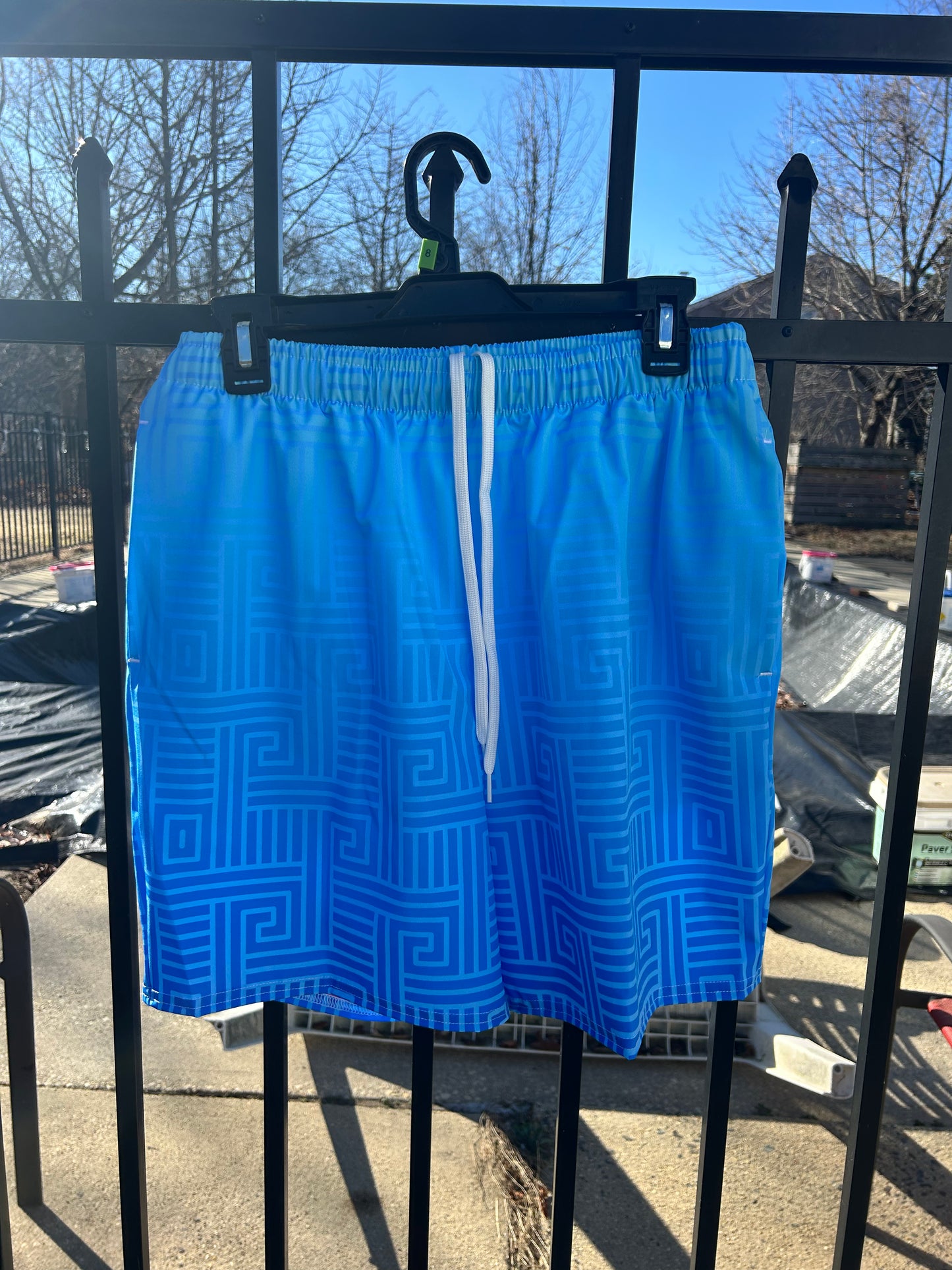 Aqua Blue Greek Key Swim Trunks