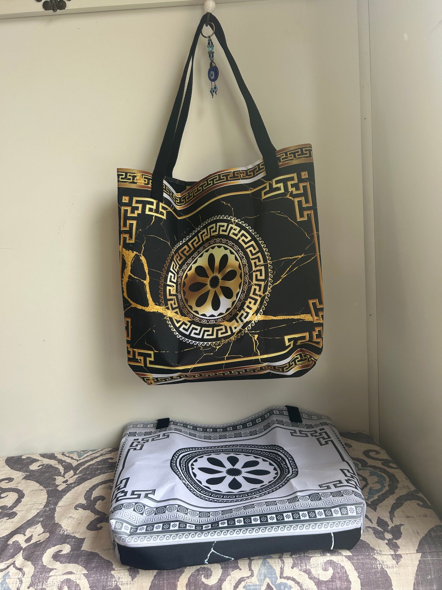 Greek Key Gold Black Flower Tote Bag w/ Pocket