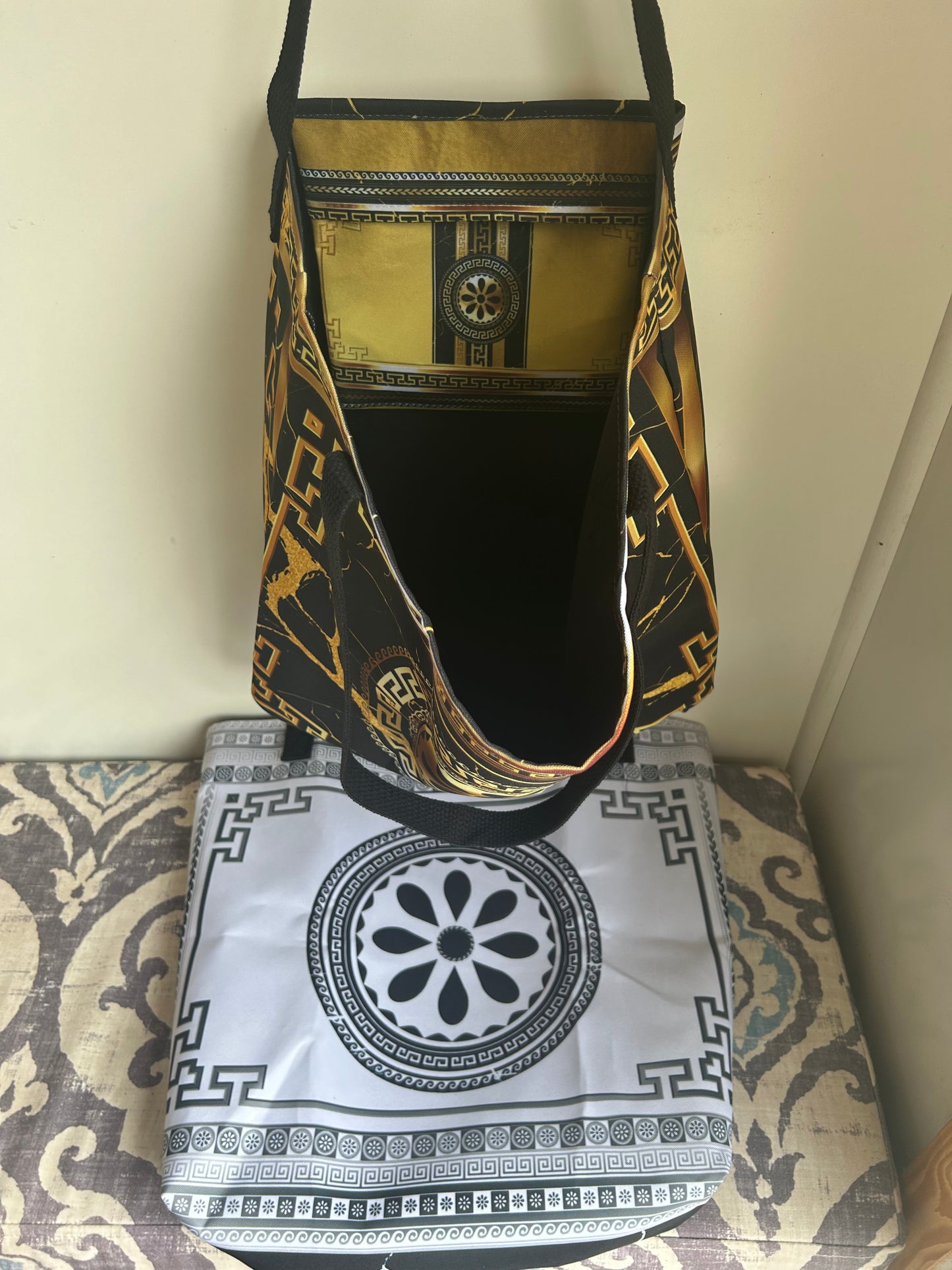 Greek Key Gold Black Flower Tote Bag w/ Pocket