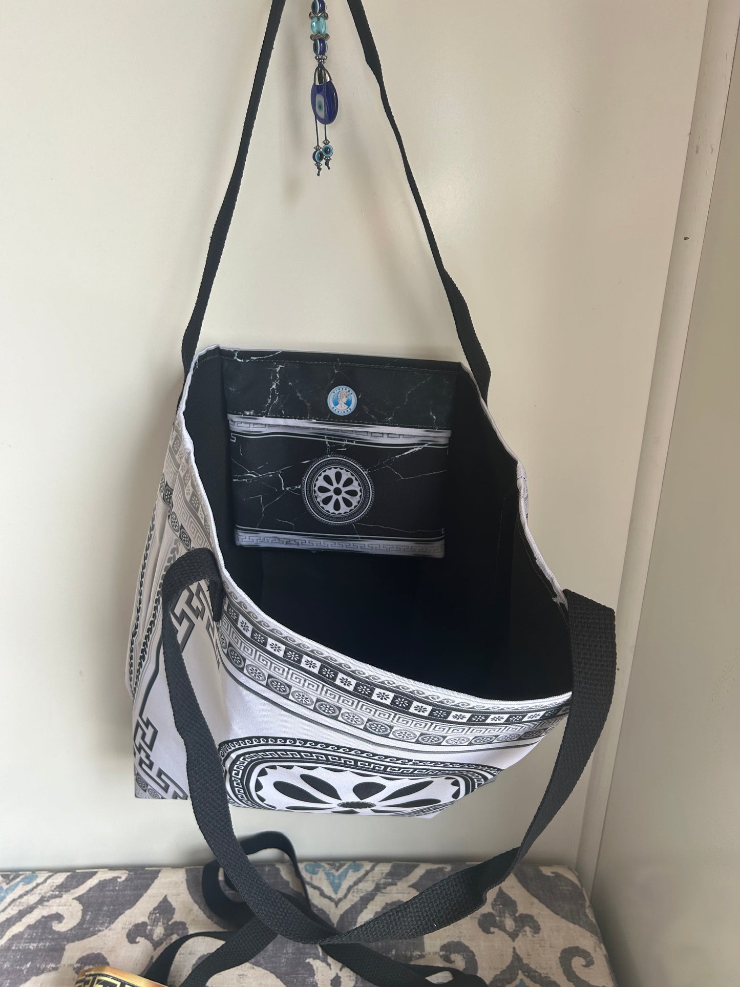 Greek Key Silver Black Flower Tote Bag w/ Pocket