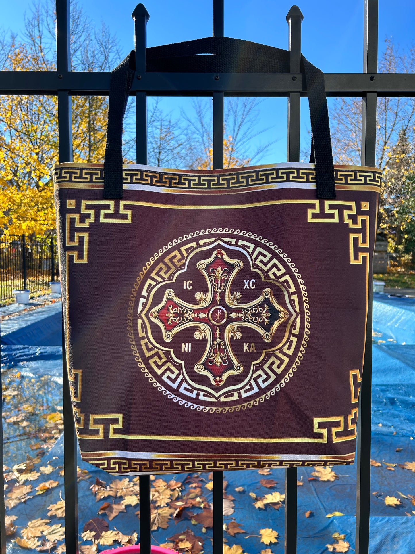 Greek Key Gold Black Flower Tote Bag w/ Pocket