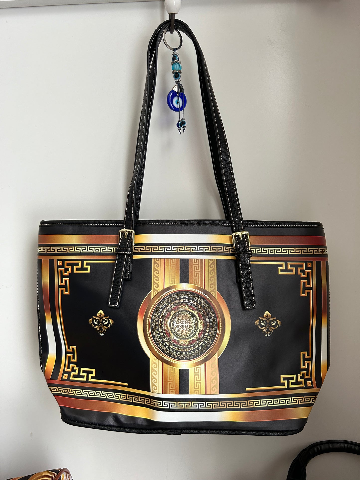 Greek Key Gold Black Medallion PU Leather Shoulder Bag