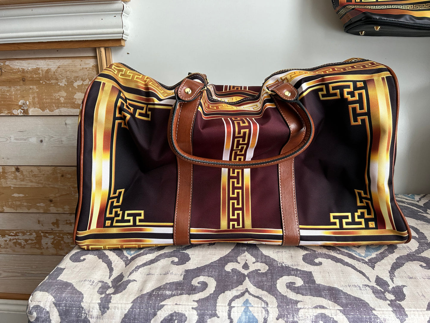 Greek Key Gold Maroon Ornate Waterproof Travel Bag