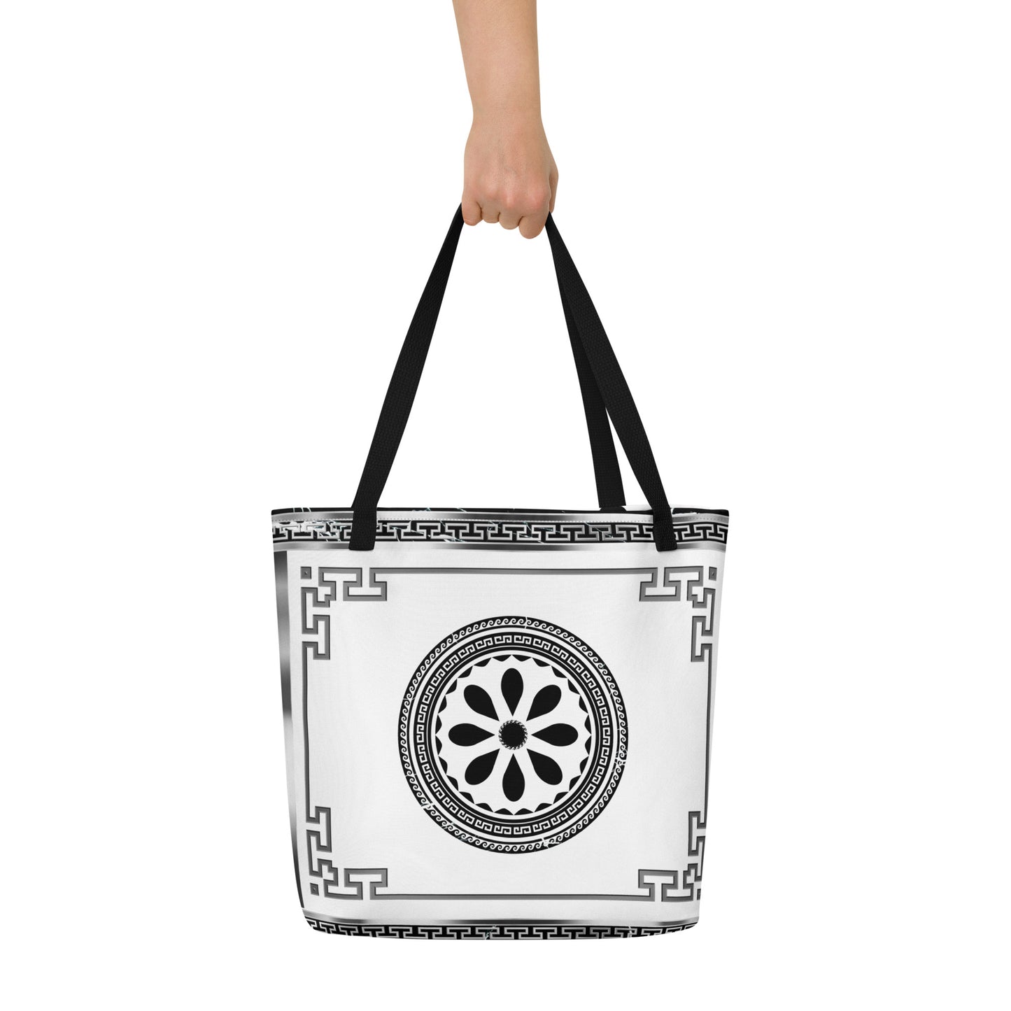 Greek Key Silver White Black Flower Tote Bag w/ Pocket