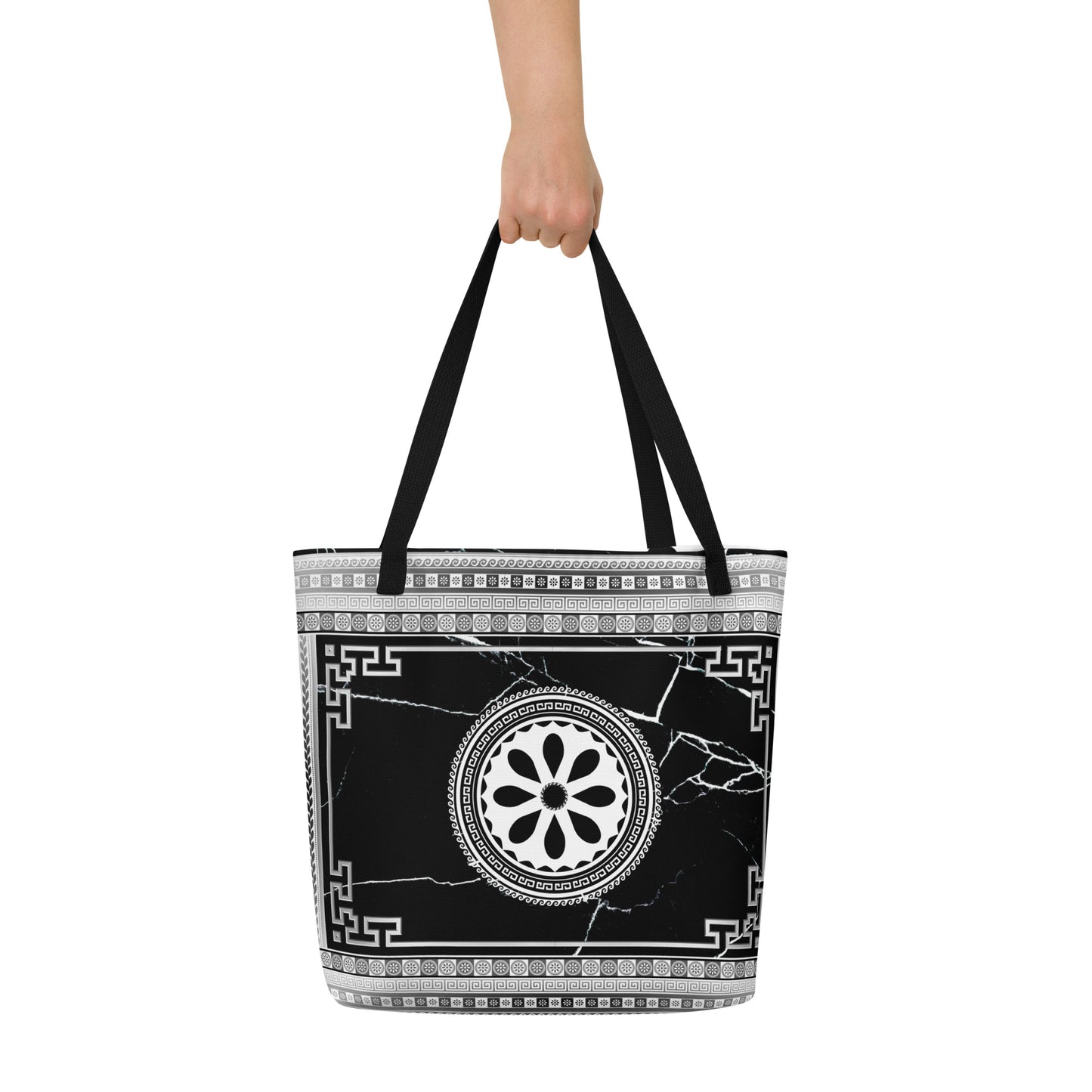 Greek Key Silver Black Flower Tote Bag w/ Pocket