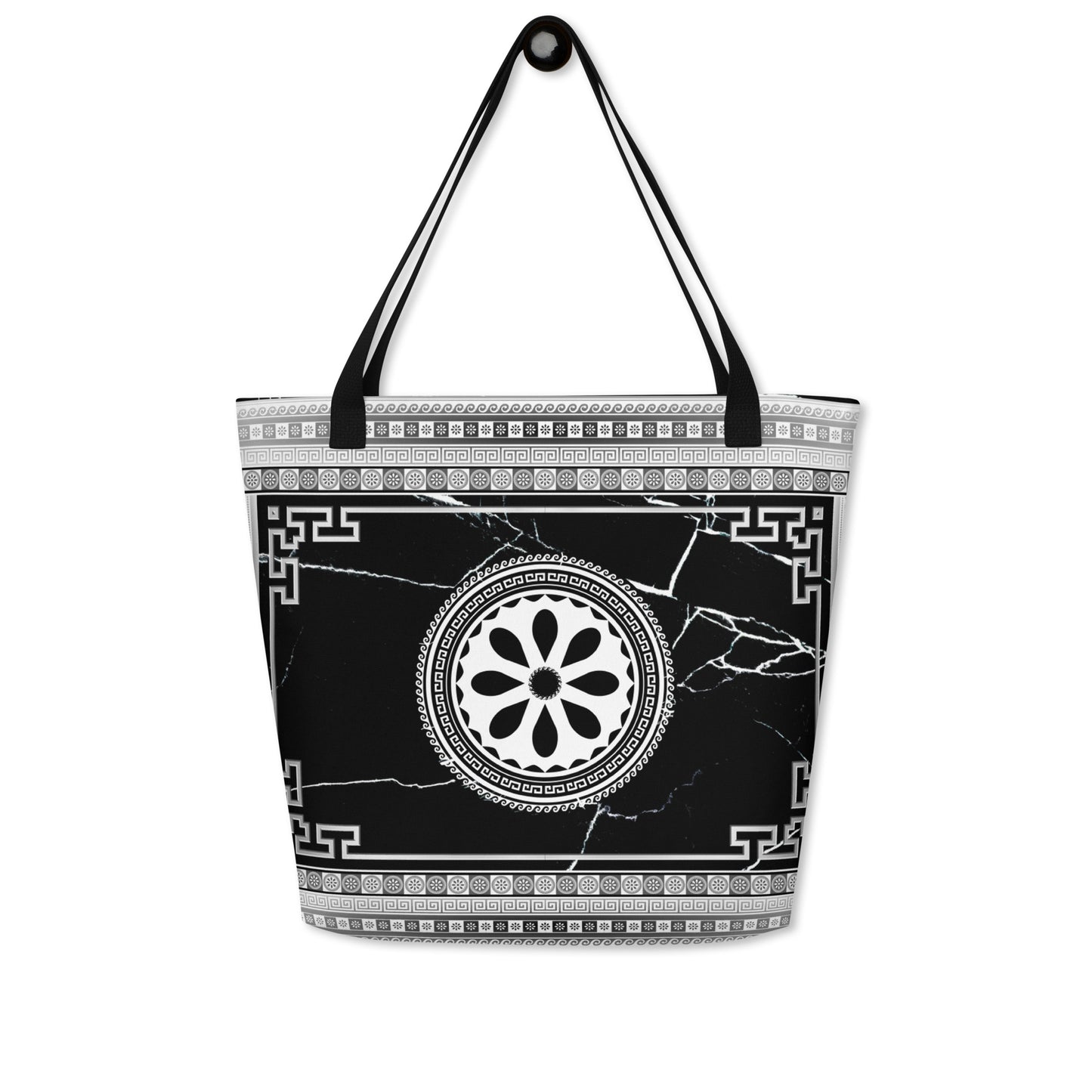 Greek Key Silver Black Flower Tote Bag w/ Pocket