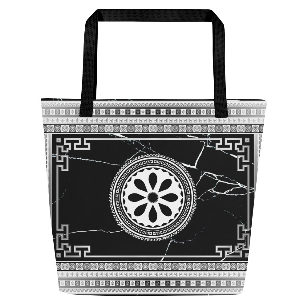 Greek Key Silver Black Flower Tote Bag w/ Pocket