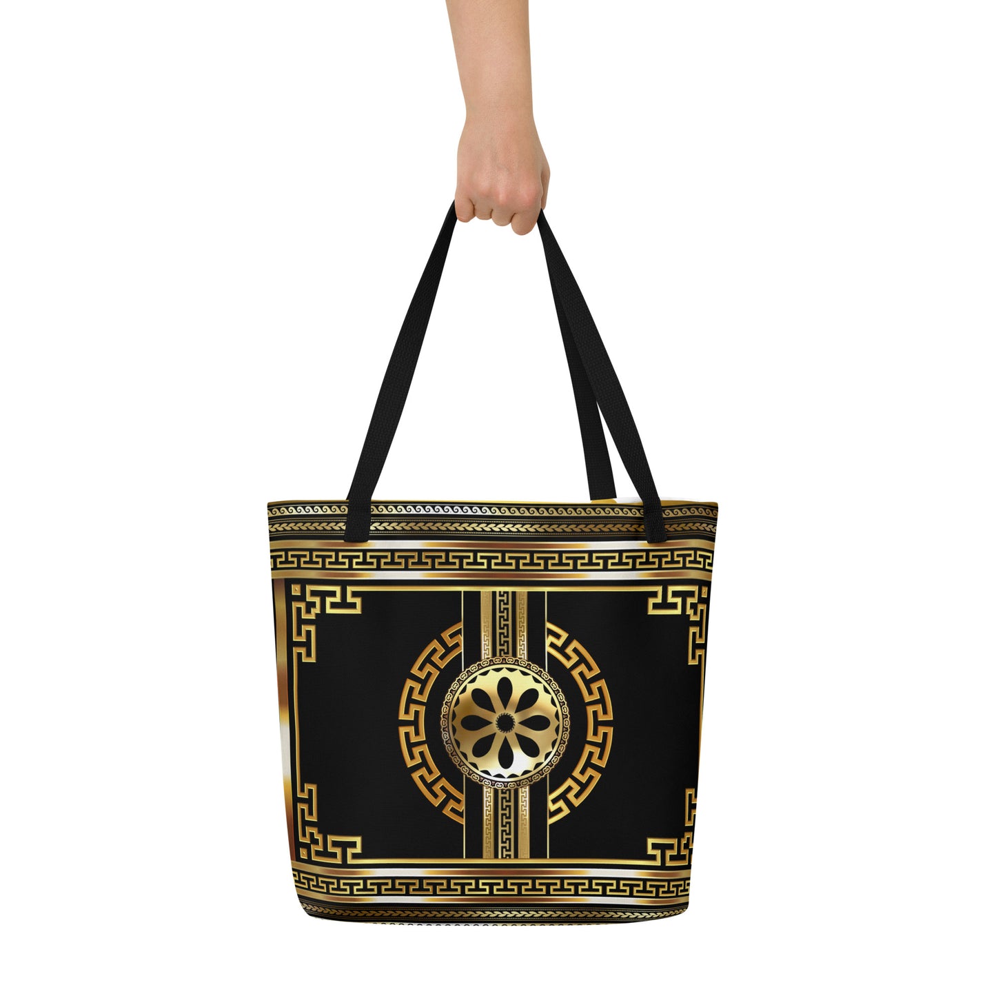 Greek Key Gold Black Flower Tote Bag w/ Pocket