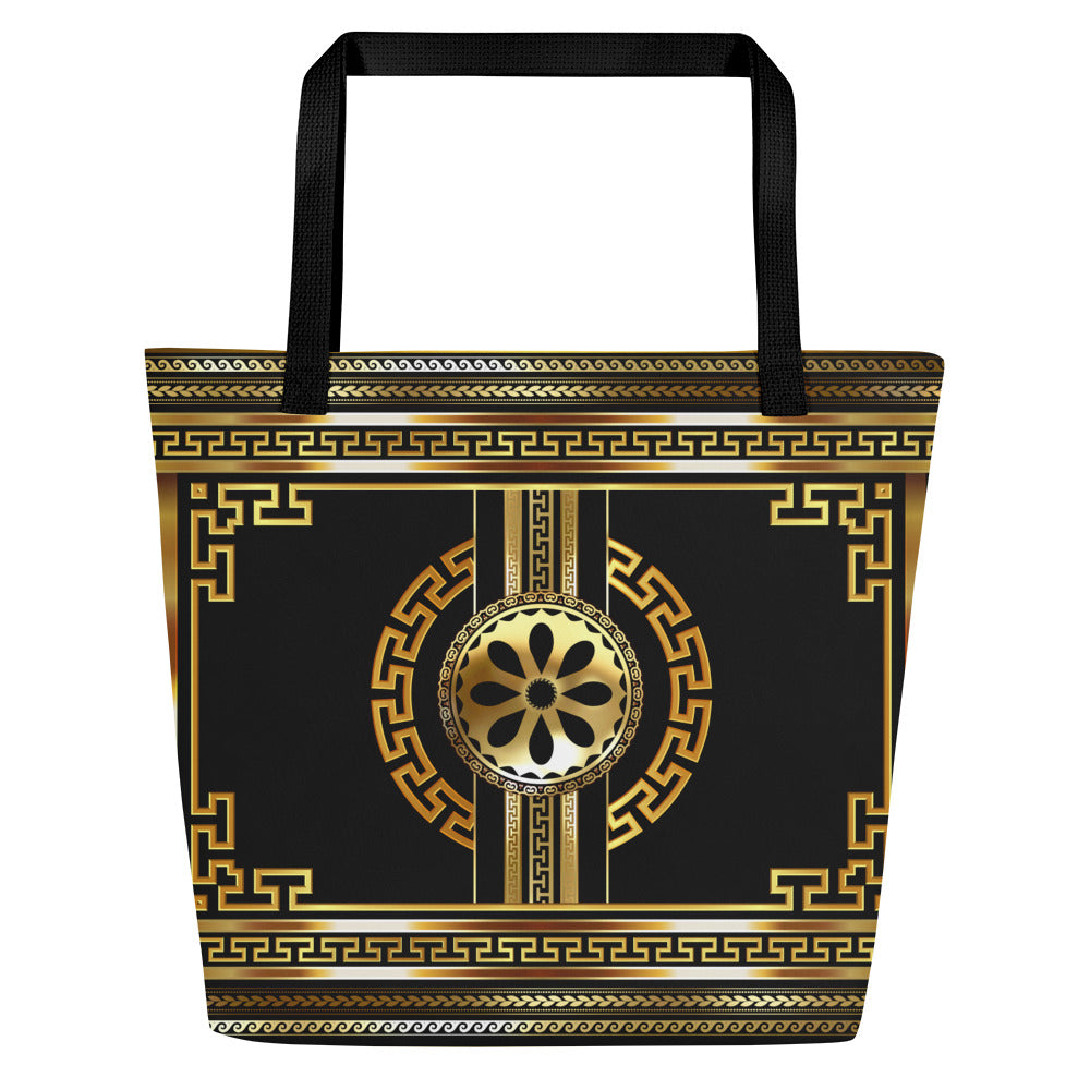 Greek Key Gold Black Flower Tote Bag w/ Pocket