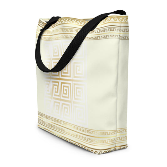 Greek Key Gold Large Tote Bag with Pocket