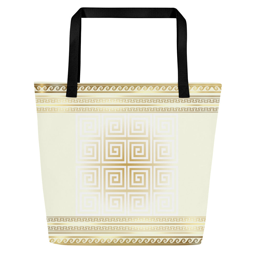 Greek Key Gold Large Tote Bag with Pocket