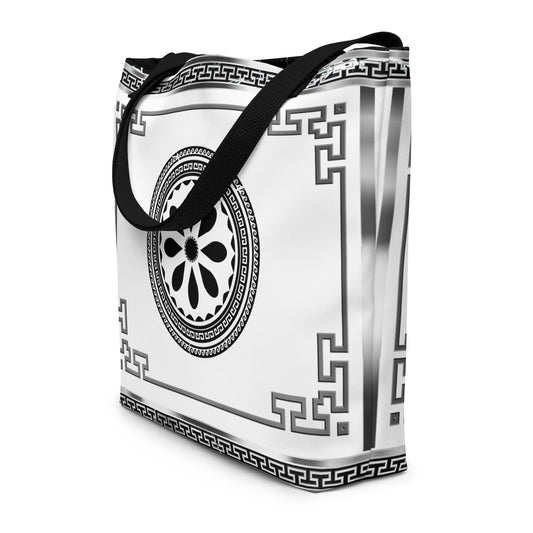 Greek Key Silver White Black Flower Tote Bag w/ Pocket