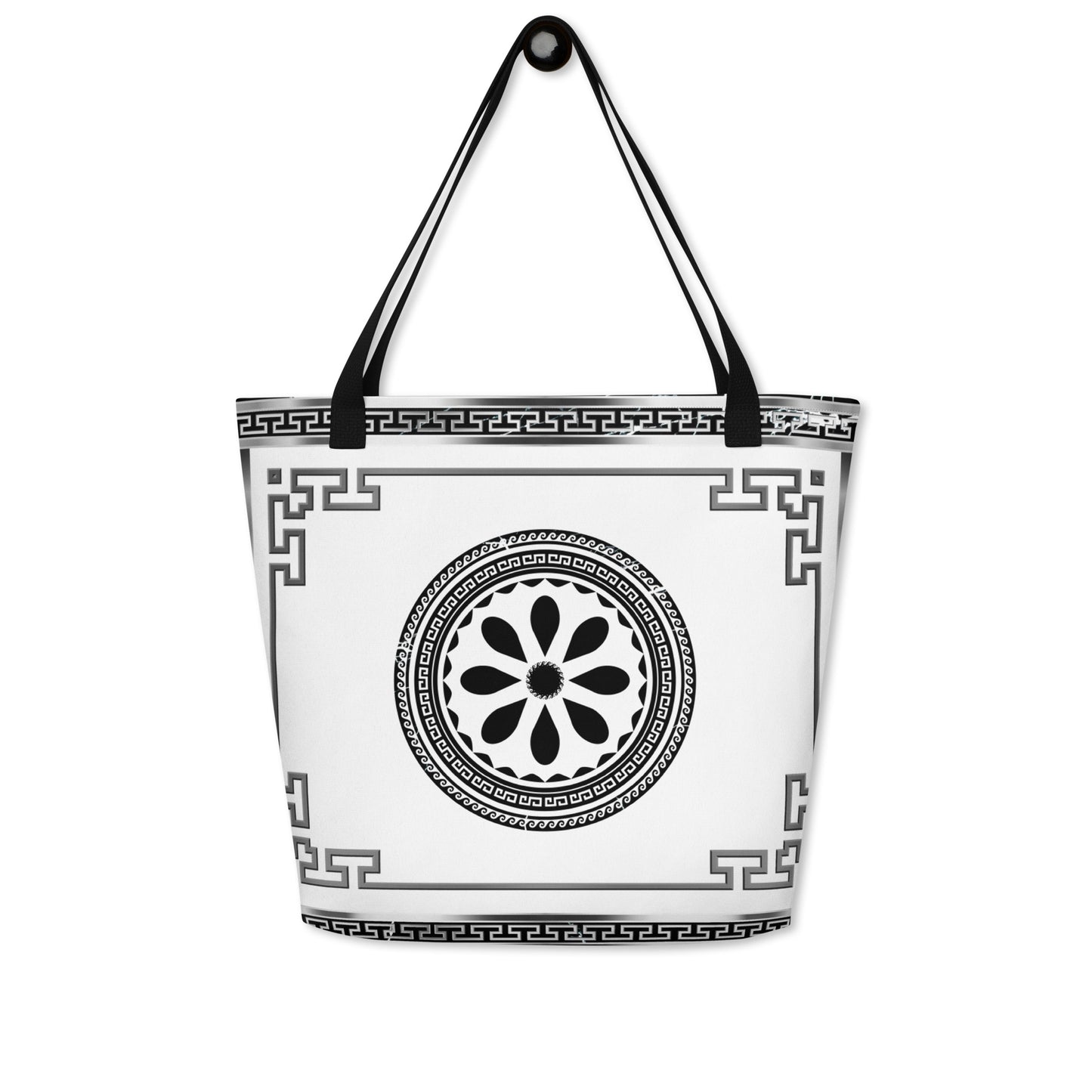 Greek Key Silver White Black Flower Tote Bag w/ Pocket