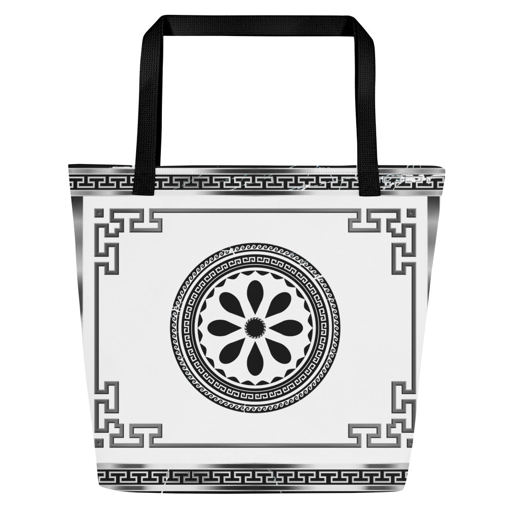 Greek Key Silver White Black Flower Tote Bag w/ Pocket