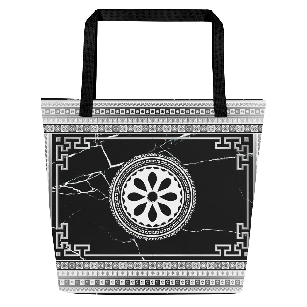 Greek Key Silver Black Flower Tote Bag w/ Pocket