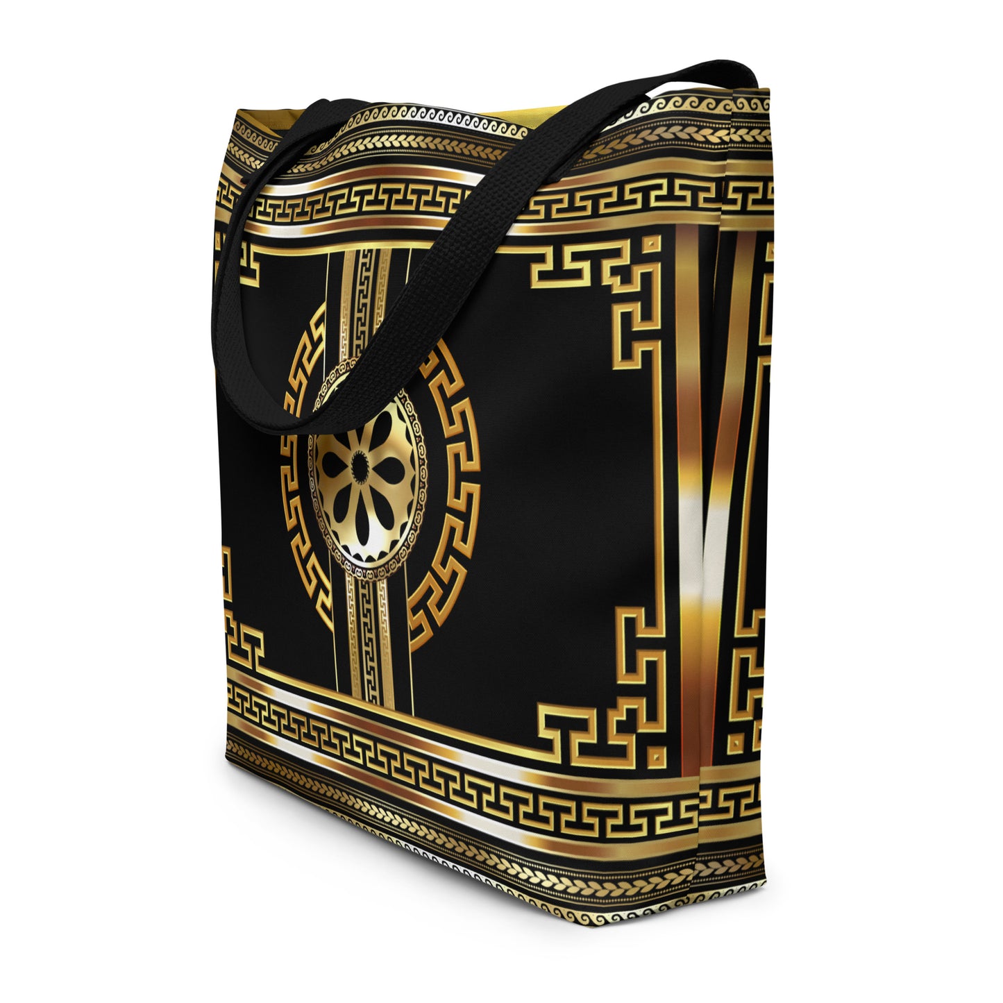 Greek Key Gold Black Flower Tote Bag w/ Pocket