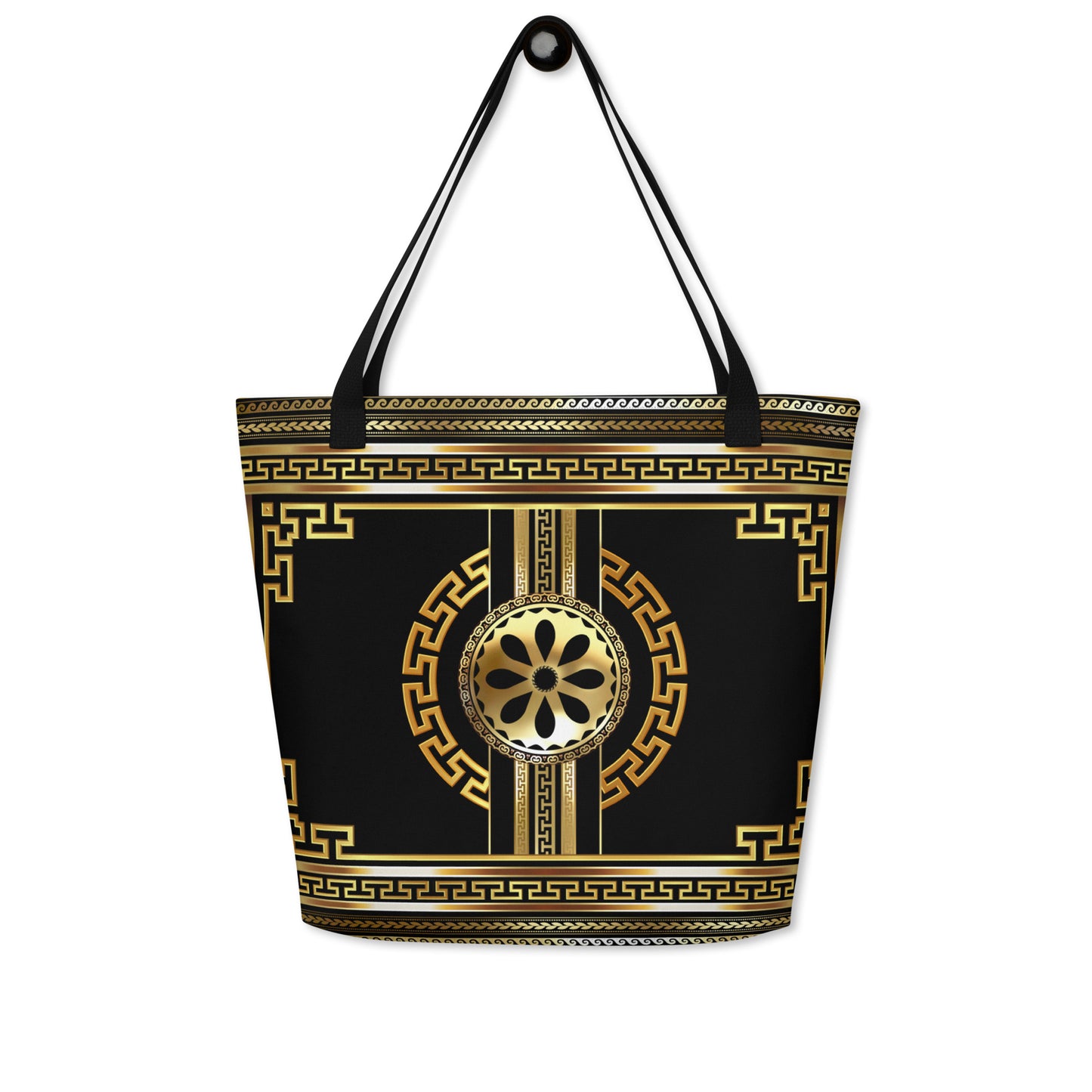 Greek Key Gold Black Flower Tote Bag w/ Pocket