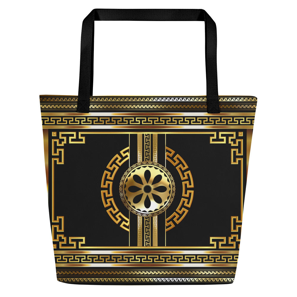 Greek Key Gold Black Flower Tote Bag w/ Pocket