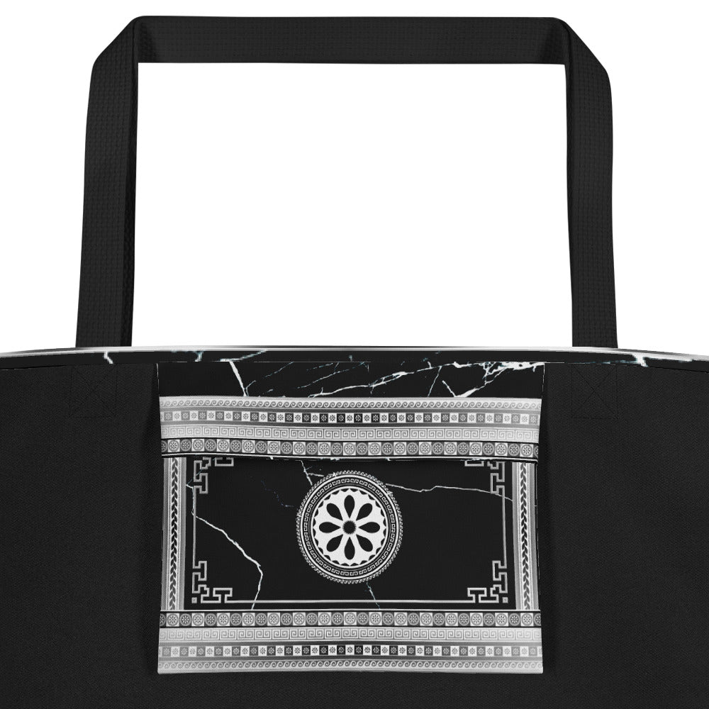 Greek Key Silver White Black Flower Tote Bag w/ Pocket